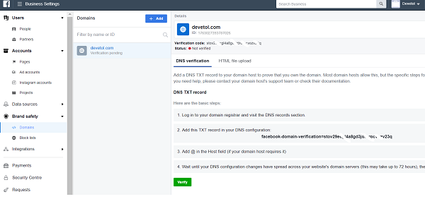 domain verify Facebook